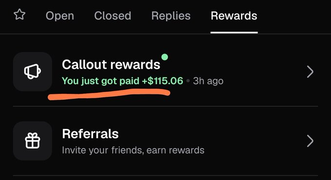 Mobile app screenshot showing a 'Rewards' tab with a notification of 'Callout rewards' stating 'You just got paid +$115.06 • 3h ago' underlined in orange, along with a 'Referrals' section.