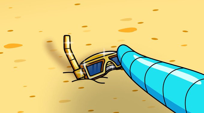 A cartoon close-up of a blue and gold mechanical drill or tool boring into a sandy, spotted surface.