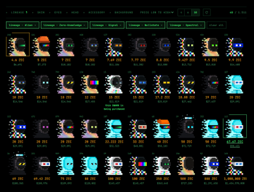 A Zordle marketplace screenshot displaying Zcash character collectibles priced in ZEC, showing various skin rarities including "Normal," "Zero-Knowledge" (the highest rarity at 15 ZEC being purchased), "Spectral," "Liquid," and "Sporkfish," with most rare items priced above 10 ZEC after recent sales.