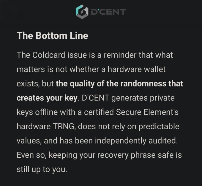 The image is a promotional graphic from D'CENT featuring a "The Bottom Line" section discussing hardware wallet security, emphasizing that randomness quality—not just the existence of a hardware wallet—matters for key generation. It highlights D'CENT's use of a certified Secure Element's hardware TRNG for offline private key generation, contrasting with the Coldcard issue mentioned. The graphic ties into the post's promotion of D'CENT's battery-free NFC Slim card design and secure hardware backup (R3covery Card).