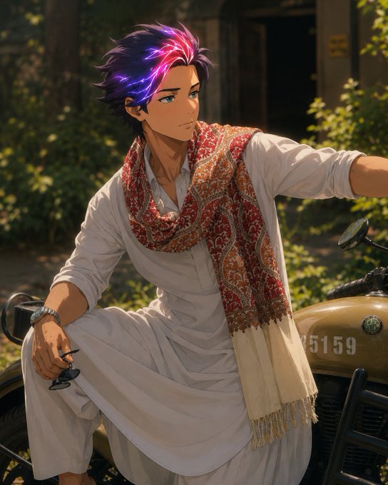 An anime-style illustration of a young man with purple and pink hair wearing white clothing and a red patterned scarf, sitting on a vintage motorcycle in a forested area.