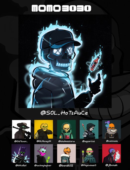 MOMO3030 NFT collection page featuring a blue flaming skeleton character holding a red bottle, with the handle '@SOL_HoTsAuCe' and a grid of 10 NFT avatar thumbnails below.