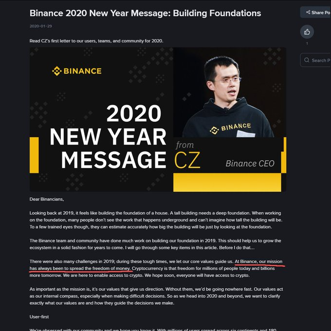 A webpage screenshot titled 'Binance 2020 New Year Message: Building Foundations' featuring a photo of Binance CEO CZ (Changpeng Zhao) and a letter beginning 'Dear Binancians.'