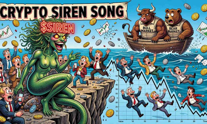 The image features a cartoon illustration of a woman sitting on a cliff with two men standing next to her. The scene includes a river below them, where several people are swimming or playing. In the background, there's a banner that says "Crypto Siren Song". The overall theme of the image is related to cryptocurrency and investing in it.