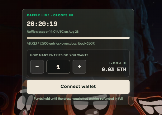A 'RAFFLE LIVE' crypto interface counting down 20:20:19 until a draw on Aug 28, showing 48,723/7,500 entries oversubscribed at 650%, with entry cost at 0.03 ETH.