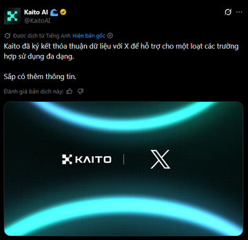 A post from Kaito AI (@KaitoAI) in Vietnamese announcing the platform's role in supporting data with X to improve user experience across multiple fields, with a teal and black KAITO/X branded graphic.