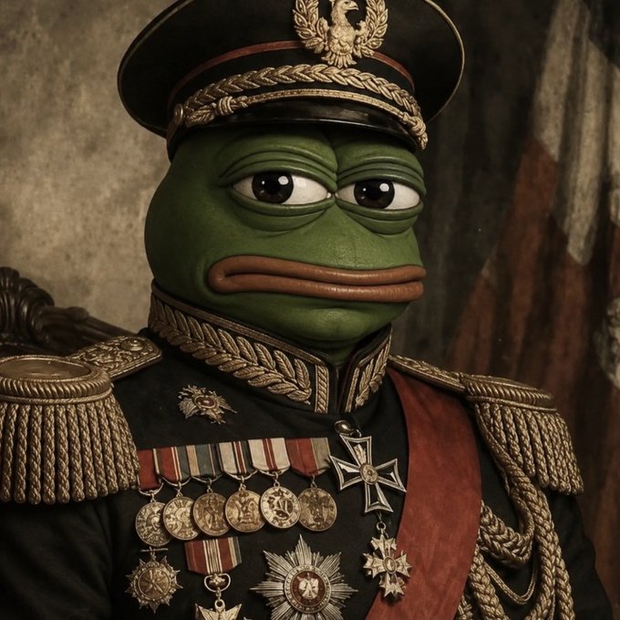 A solemn Pepe the Frog is depicted as a decorated military general in formal regalia, adorned with gold epaulettes, ornate medals, and a peaked cap featuring an eagle emblem, embodying the imperial gravitas referenced in the accompanying $PEPE post about the certainty of empire's return.