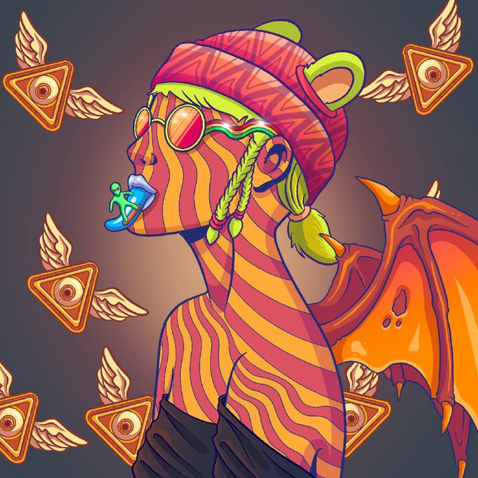 A stylized digital illustration of a zebra-striped figure wearing sunglasses and a red beanie with green braided hair, surrounded by floating orange triangle symbols with wings and eyes.