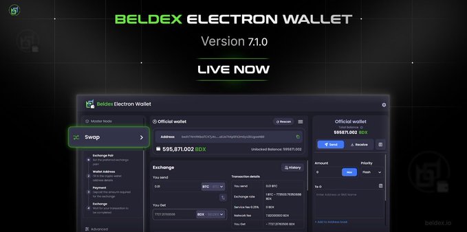 A promotional graphic for the Beldex Electron Wallet Version 7.1.0 showcases a "Swap" feature integration within the desktop wallet interface, highlighting a balance of 595,871.002 BDX and exchange options for converting BTC to BDX. The image visually supports the announcement that users can now swap BTC, ETH, and USDT for $BDX directly through the wallet without requiring QuickEx account registration or identity verification.