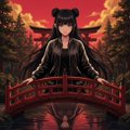 An anime-style illustration of a dark-haired girl standing on a red bridge with a red torii gate and cherry blossoms in the background.