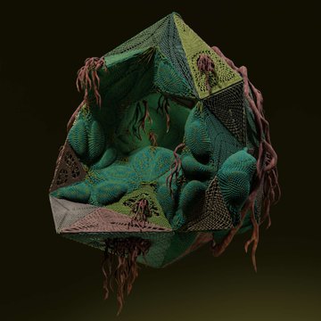 A 3D rendering depicts an organic, textured geometric object with green, fleshy, bulbous protrusions and pink, root-like tendrils against a dark olive background.