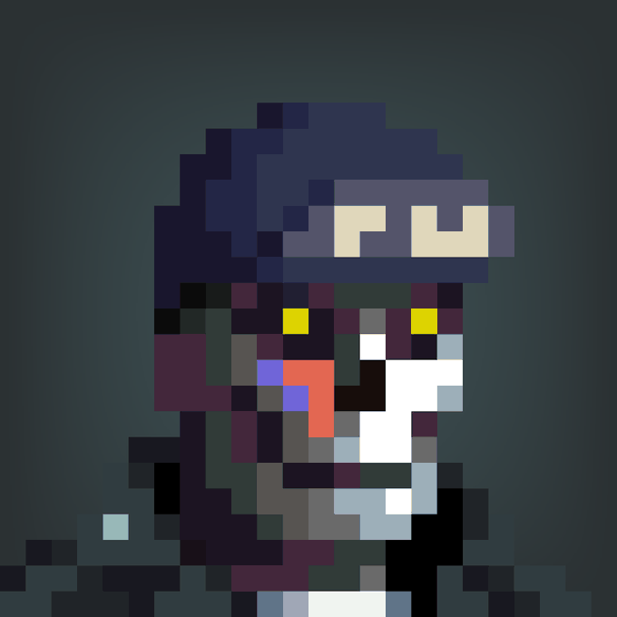 A pixel art portrait shows a character with a purple headband and dark, colorful facial markings against a dark background.