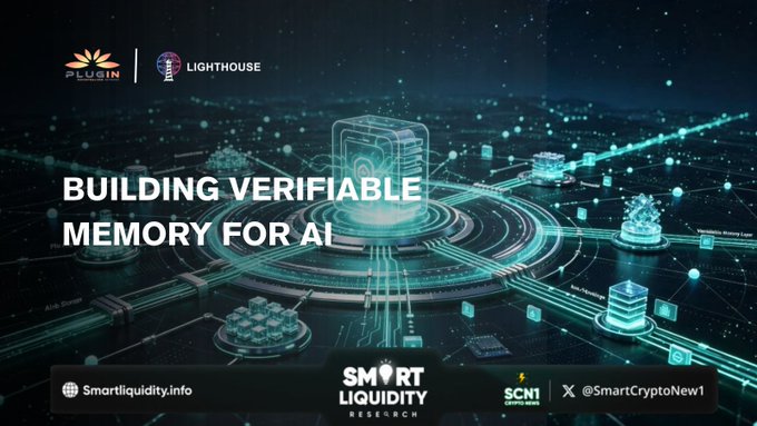 A partnership announcement graphic featuring the Plug-in and Lighthouse logos, promoting their collaboration to "BUILD VERIFIABLE MEMORY FOR AI" through integration of IPFS, Filecoin, and WalrusProtocol networks.