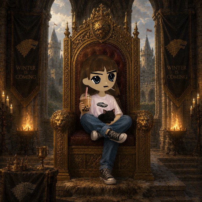 A whimsical crossover illustration of an anime-style girl in modern clothing and a cat-ear hat sitting on a Game of Thrones-style throne, with banners reading 'Winter is Coming' and a black cat on her lap.