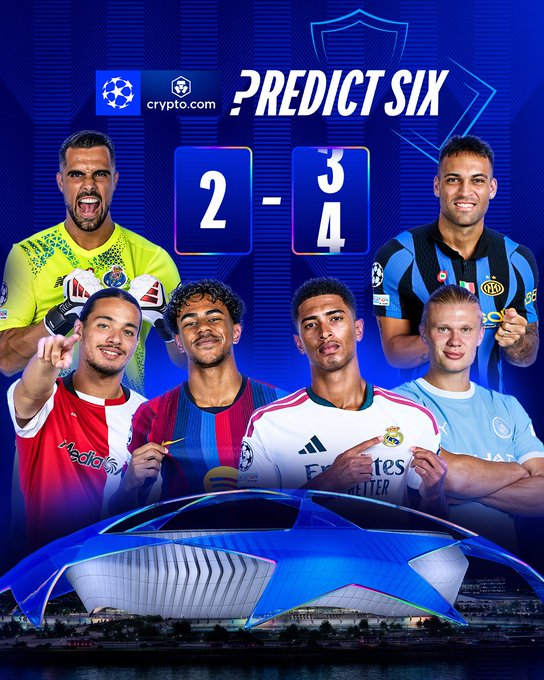 The image is a promotional graphic for UEFA Champions League's "Predict Six" game, featuring the Crypto.com logo, a score of 2-3, and five footballers in various club jerseys (including a referee, Ajax, Barcelona, Real Madrid, and Manchester City players) above an illustration of a futuristic blue stadium.