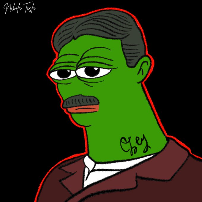 A cartoon illustration featuring a green-skinned character with dark hair and a mustache, resembling Nikola Tesla, wearing a suit jacket, with the name 'Nikola Tesla' written in the top left corner.