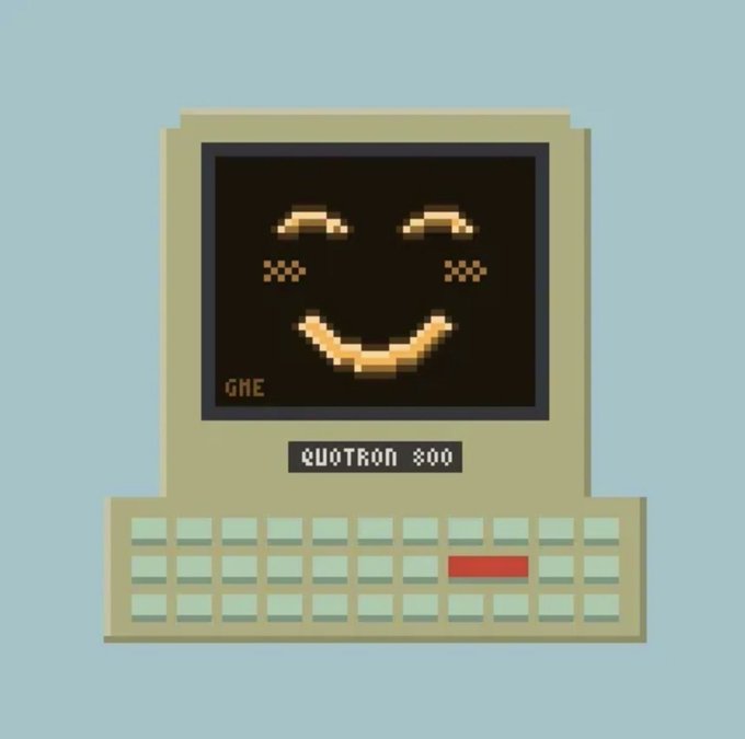 A pixel-art illustration of a vintage Quotron 800 terminal displaying a smiling face made of stock chart patterns, with "GME" text in the corner, evoking nostalgia for early Wall Street trading systems. The retro tech aesthetic complements the $QSTRAT "Quotron World Order" theme, symbolizing the resurgence of meme-stock era trading culture through classic financial hardware imagery.
