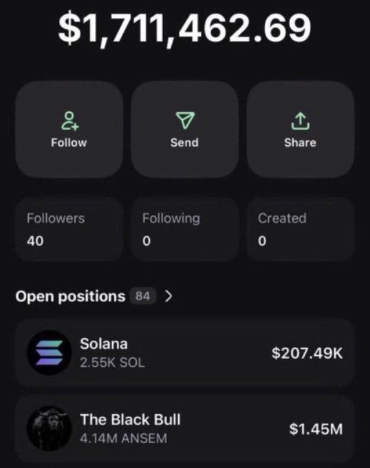 Crypto wallet screenshot showing a balance of $1,711,462.69 with Follow/Send/Share buttons, 40 followers, 84 open positions, and holdings in Solana ($207.49K, 2.55K SOL) and The Black Bull ($1.45M, 4.14M ANSEM).