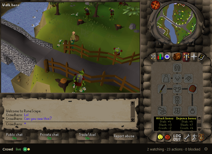 A screenshot of the video game RuneScape shows a goblin character near a fence, with the welcome text 'Welcome to RuneScape. Crowthero: Can you see this?' in the chat box.