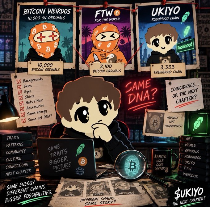 A promotional graphic for the Ukiyo NFT collection, posing "Same DNA?" between Bitcoin Weirdos (10,000 Ordinals), FTW (2,100 Ordinals), and Ukiyo (3,333 Robinhood Chain), asking about shared traits and the next chapter.