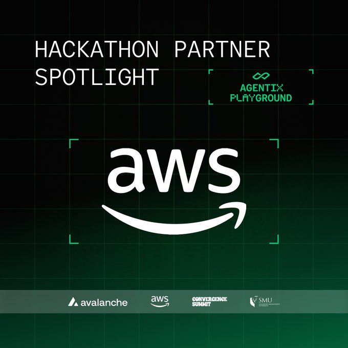 A dark green graphic titled "HACKATHON PARTNER SPOTLIGHT" prominently features the white "aws" logo with its smile arrow, alongside "AGENTIC PLAYGROUND" branding and partner logos for Avalanche, AWS, Convergence Summit, and SMU at the bottom.
