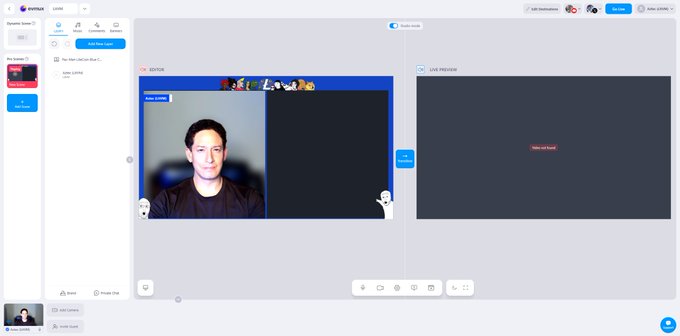 A screenshot of an 'invitedLIVE' streaming interface showing a host named 'Jacob Joseph' and a guest 'Sam Liss', with a 'LIVE PREVIEW' panel on the right indicating no stream is currently live.