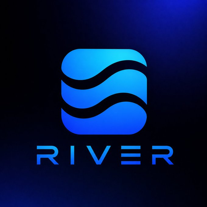 A stylized blue logo featuring three wavy horizontal lines forming a rounded square shape, with the word 'RIVER' displayed below in modern blue typography against a dark blue gradient background.