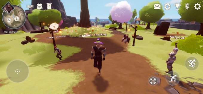 A screenshot from a 3D video game showing a character named 'TheViking' running along a dirt path in a grassy area with other players including 'BRUH' and 'KittyCat' visible.