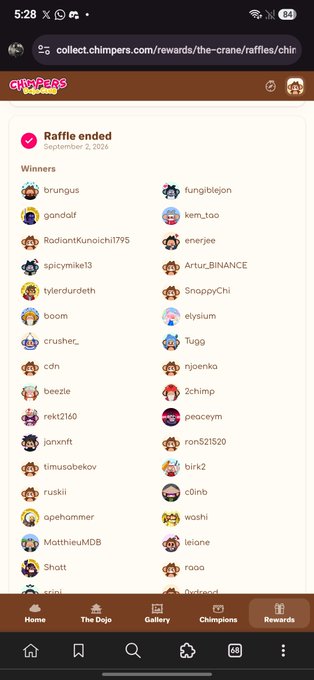 A mobile screenshot of the "Chimpers" rewards page at collect.chimpers.com showing the winners list for "The Crane" raffle, including names like brungus, gandolf, and radiokunoichi795.
