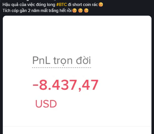 The image shows a screenshot of a message or conversation posted by someone, likely on social media. The content appears to be about Bitcoin (BTC). A conversation about the current value of Bitcoin has taken place, with someone stating that they bought 8437 Bitcoins for $8437. This translates into 84377 US Dollars, which is equal to 1 Bitcoin. Another person might react negatively or express surprise at this amount. The text "PnL tron doi" also appears in the conversation.