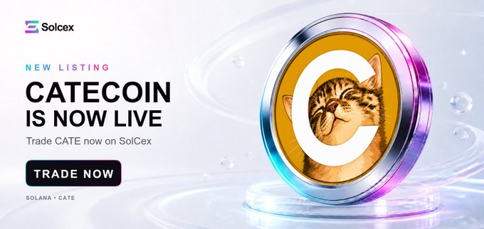 A sleek SolCex promotional banner announcing "CATECOIN IS NOW LIVE" as a new listing, featuring a golden coin with a cat's face wrapped in a large letter "C," inviting users to trade $CATE on the Solana network via a "TRADE NOW" button.