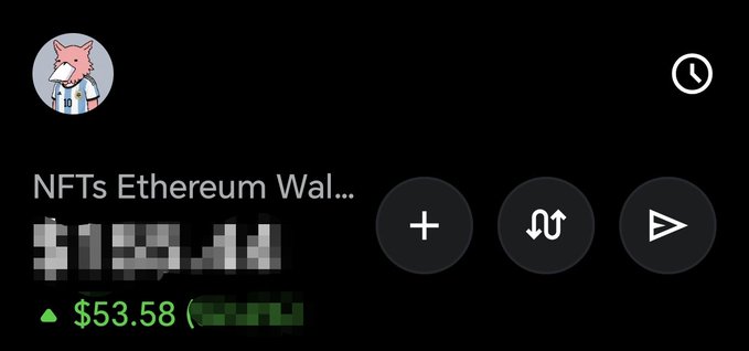 A cryptocurrency wallet dashboard shows an "NFTs Ethereum Wal..." account with a balance starting with $1, displayed alongside a green upward arrow and a value of $53.58.