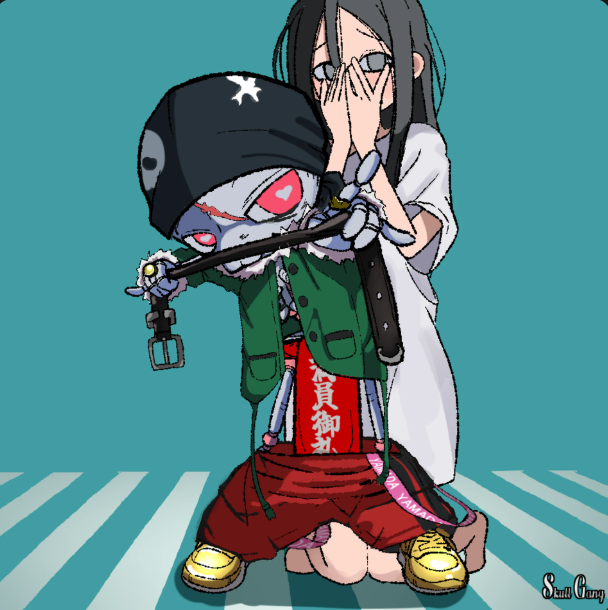 Anime-style illustration featuring a small, edgy character in a beanie and green jacket kneeling before a crying, dark-haired girl in a white dress, with Japanese characters on the character's shirt.