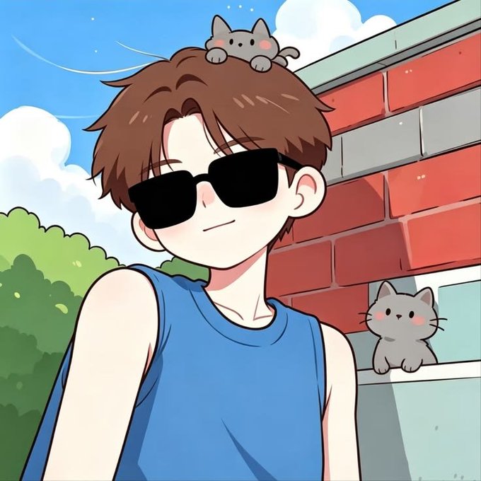 An anime-style illustration of a young man wearing sunglasses and a blue tank top, with two small gray cats nearby—one perched on his head and another on a brick wall beside him.