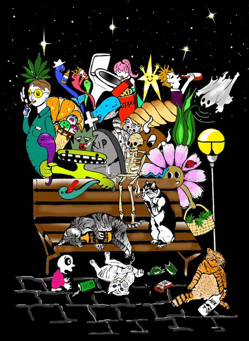 A chaotic, colorful, and surreal illustration features numerous characters, animals, and objects crowded around a park bench at night under a starry sky, including a skeleton, a cat, a flower with a face, and a tombstone reading "RIP".