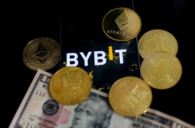 A promotional image for the cryptocurrency exchange Bybit, featuring golden Ethereum coins and US dollar bills arranged around the Bybit logo.