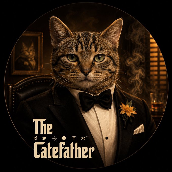 A tabby cat dressed in a tuxedo with a bow tie and boutonniere appears in a Godfather-style parody portrait with the title "The Catefather," humorously framing the poster's message about $CATE as a tale of loyalty and conviction within its community.