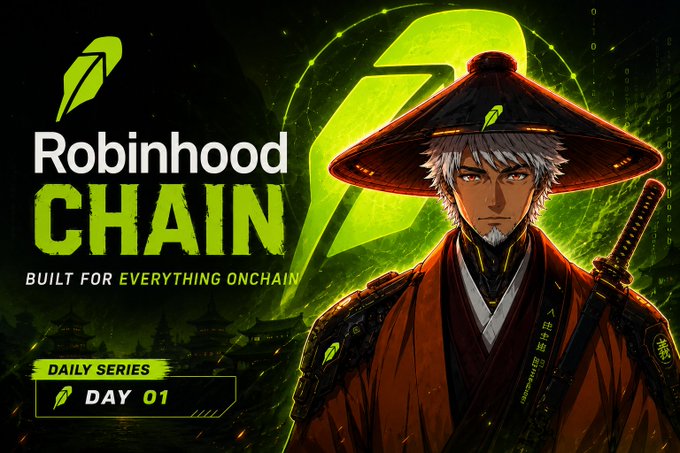 A promotional graphic for 'Robinhood CHAIN' featuring an anime-style samurai character, with text reading 'BUILT FOR EVERYTHING ONCHAIN' and 'DAILY SERIES DAY 01'.