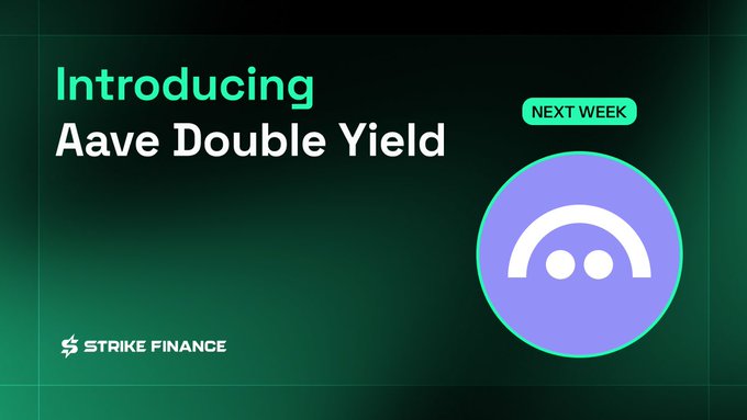 The image features a green background with a purple circle containing an image of a face, which appears to be a smiley face. The caption below the image reads "Introducing Aave Double Yield We're excited to announce users will be able to take their LP deposits from Aave and supply them as liquidity to Strike Vaults". This suggests that the image is related to a promotional post for an investment platform called Aave, which allows users to invest in Aave Double Yield funds. The caption provides information about the new feature of the platform and encourages viewers to explore it further.