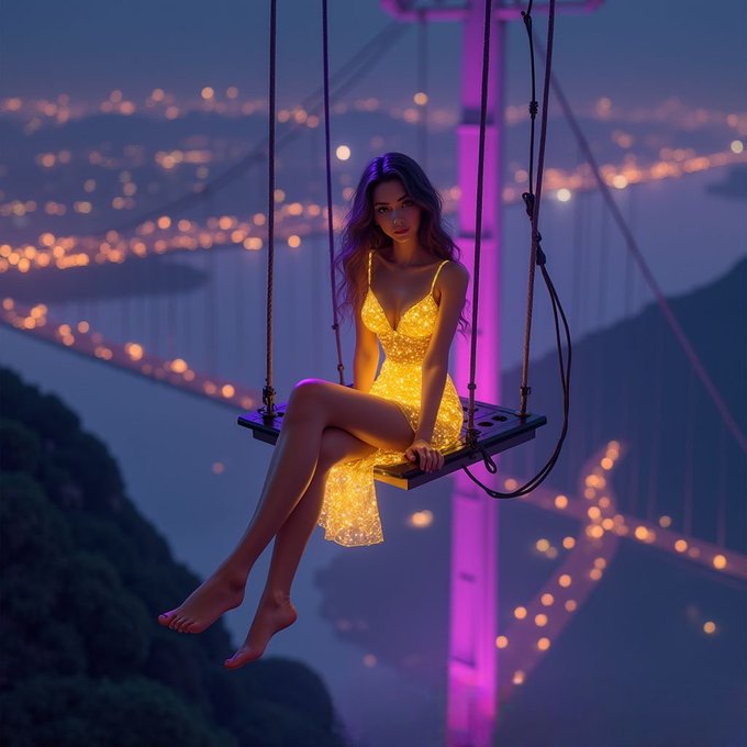 A digital artwork of a woman in a glowing yellow dress sitting on a suspended platform, with a purple-illuminated suspension bridge and city lights visible behind her.