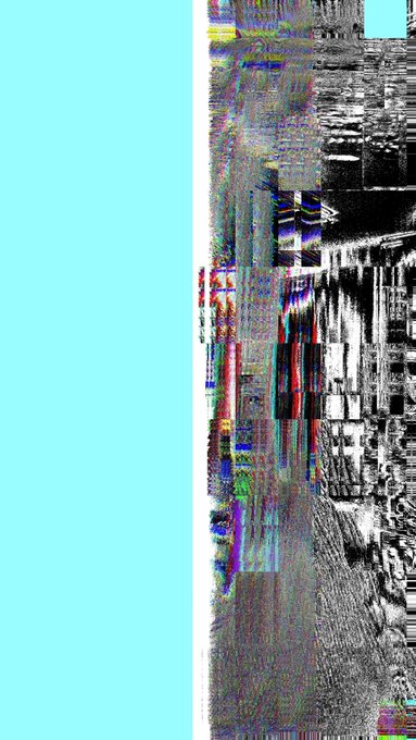 A glitched/corrupted image showing fragmented, distorted visual artifacts with a cyan colored panel on the left side.