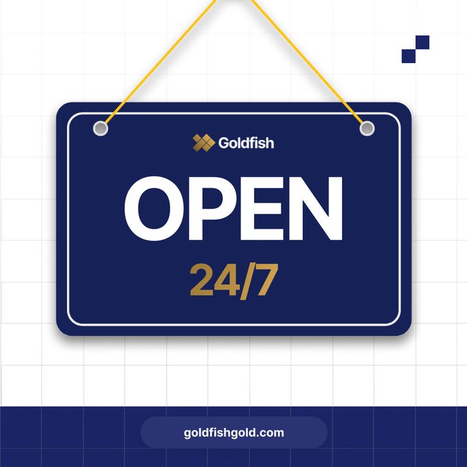 A promotional graphic for Goldfish with an 'OPEN 24/7' sign and the website goldfishgold.com.