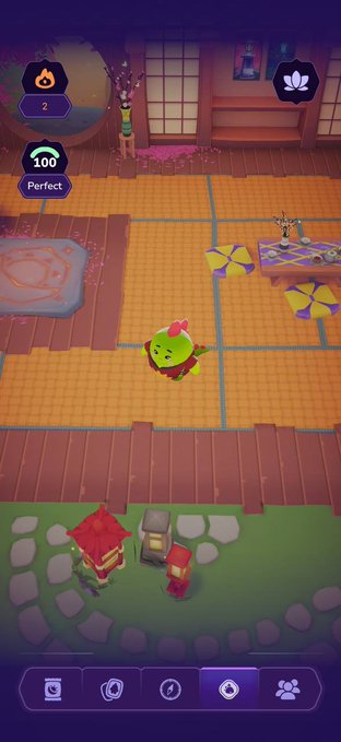 A screenshot from a mobile game featuring a green creature character on tatami mats in a Japanese-style room, with UI elements showing a score of 100 and 'Perfect' rating.