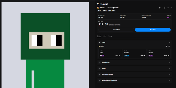 A pixelated green character with a blocky face is displayed alongside a VRNouns (VR) NFT collection page showing a best offer of Ξ12.06 and a last sale of Ξ12.21, with Rarity #96/4944. The green character's color matches the post's "green rise only green" caption, visually emphasizing upward momentum in the NFT's price.
