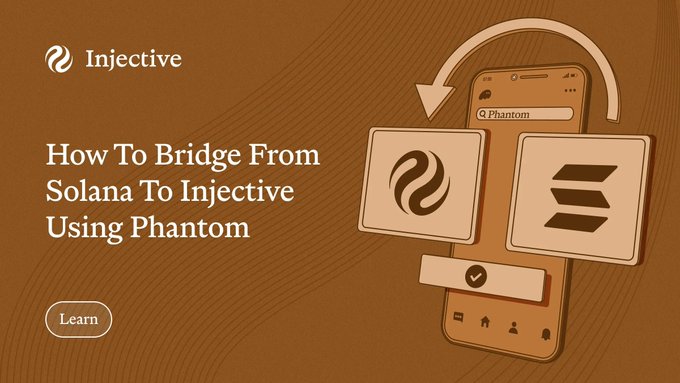 Promotional graphic with the Injective logo and title "How To Bridge From Solana To Injective Using Phantom" alongside a stylized phone displaying Phantom's interface with Injective and Solana tokens bridging between them. The image visually represents the tutorial's guide on transferring assets from Solana to Injective via the Phantom wallet.