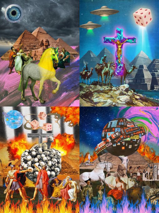 A surreal four-panel collage features a yellow horse among pyramids under a giant eye, UFOs with a holographic cross, a cross surrounded by fire and skulls with people below, and a sphere covered in symbols floating above a hellish landscape.