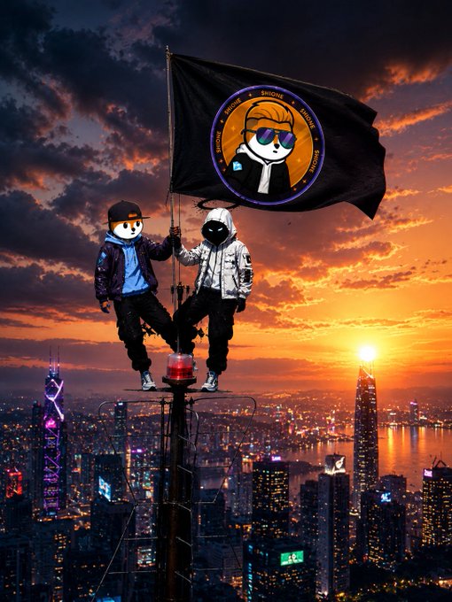 A digital illustration of two cartoon-style characters standing on a rooftop antenna holding a black flag with a character emblem, set against a sunset cityscape with an 'X' logo visible on a building.