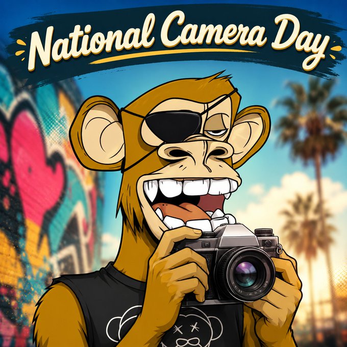 A vibrant illustration celebrating 'National Camera Day,' featuring a cartoon monkey wearing an eyepatch and holding a camera, with graffiti and palm trees in the background.