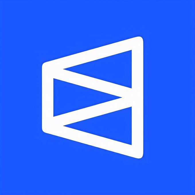 A simple graphic featuring a white stylized letter 'B' or triangular emblem on a solid blue background.