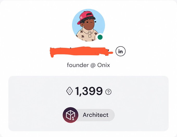 A profile card shows a cartoon avatar labeled 'founder @ Onix' with 1,399 gems and the title 'Architect'.